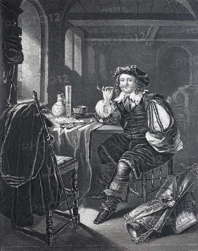The trumpeter in the guardroom, tower guard, engraving after a painting by Van Mieris, around 1680, Historical, digitally restored reproduction of a 19th century model, man in baroque clothing sits relaxed with pipe at a table in a simple interior