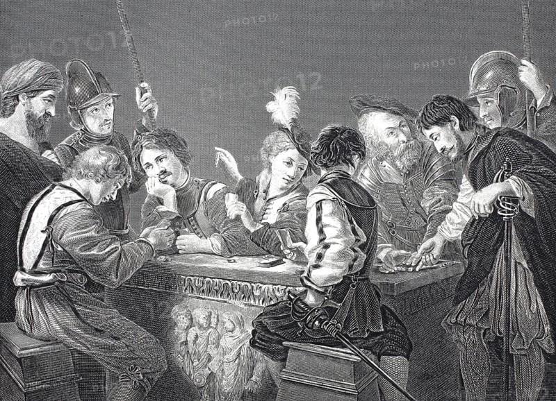 Roman soldiers in conversation, steel engraving after a painting by Caravaggio, historical, digitally restored reproduction of a 19th century original, group of people in Renaissance style gathered around a table, engrossed in a card game