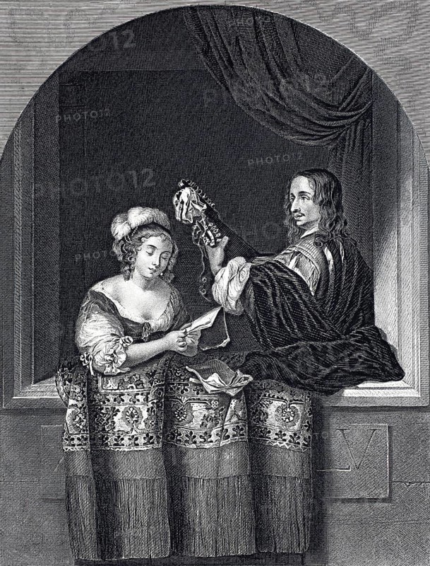 The Singer and the Musician, steel engraving after a painting by Caspar Netscher, Historical, digitally restored reproduction of a 19th century original, A woman and a man in historical dress, she is reading a letter. The scene appears baroque and dignified