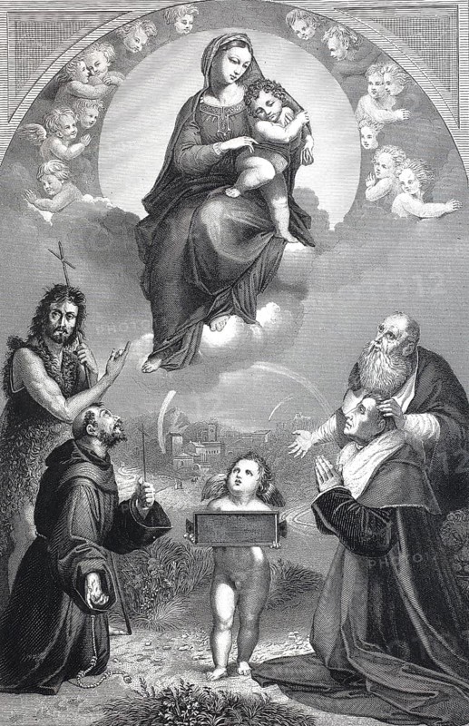 Madonna of Foligno, a depiction of the Virgin Mary, steel engraving after a painting by Raphael, historical, digitally restored reproduction of a 19th century original