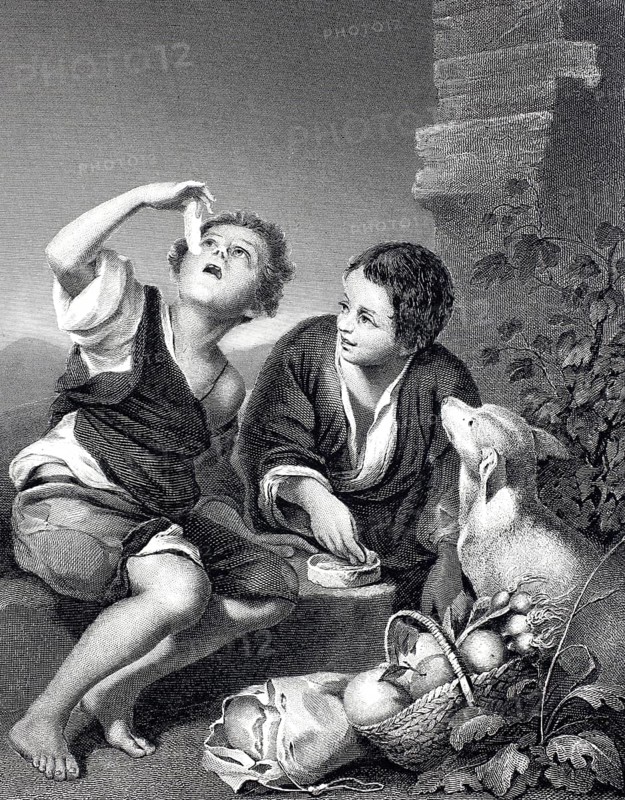 Eating boys, boys eating melon, fruit, steel engraving after a painting by Bartolome Esteban Murillo, Historical, digitally restored reproduction of a 19th century original, Two children in a rural scene, one boy is eating something, the other is watching, next to a dog and a basket full of fruit
