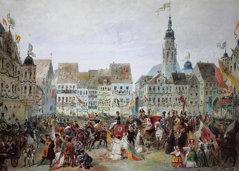 Entry of the Hereditary Prince of Saxony, Coburg and Gotha with his bride, 14 May 1842, Coburg, Upper Franconia, Bavaria, Germany, Historical, digitally restored reproduction from a 19th century original, Record date not stated