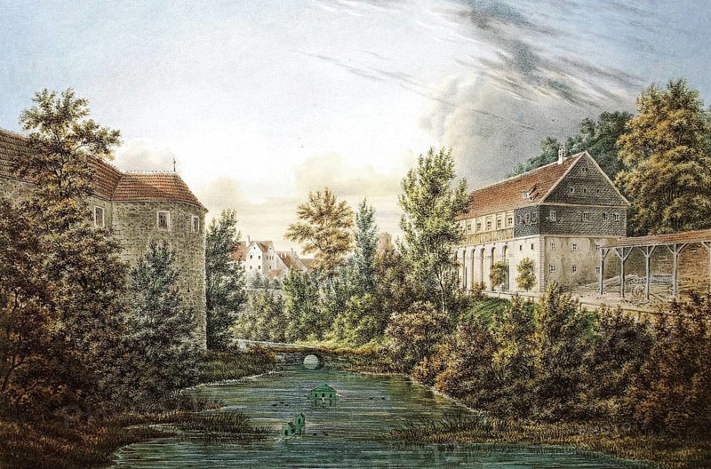 Ehrenburg Castle, ballroom and moat in 1820, Coburg, Upper Franconia, Bavaria, Germany, Historical, digitally restored reproduction from a 19th century original, Record date not stated
