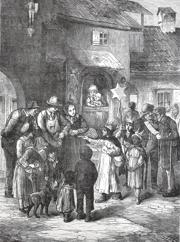 The three kings are travelling and collecting money, 1888, France, Historical, digitally restored reproduction from a 19th century original, Record date not stated