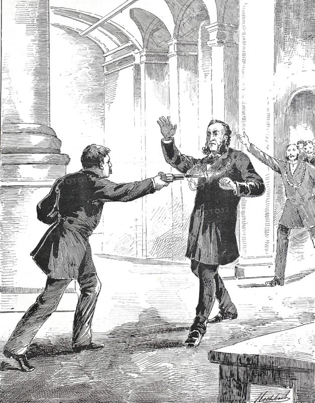 Aubertin's assassination attempt with three revolver shots on the person of Jules Francois Ferry (born 5 April 1832 in Saint-Die-des-Vosges, died 17 March 1893 in Paris), a French politician of the Third Republic, Historical, digitally restored reproduction from a 19th century original, Record date not stated