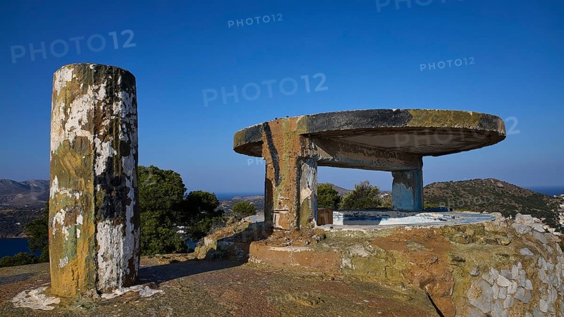 Concrete bunker with round platform high on a hill under a clear sky, Lost Place, Lago anti-aircraft battery, Bunker, Apitiki Mountain, Leros, Dodecanese, Greek Islands, Greece