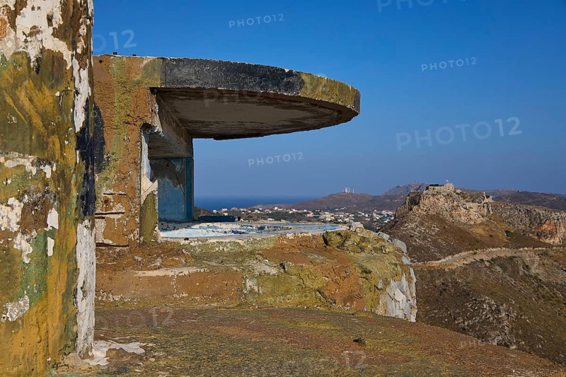 A dilapidated concrete bunker on a hill overlooking the coastal landscape, Lost Place, Lago anti-aircraft battery, Bunker, Apitiki Mountain, Leros, Dodecanese, Greek Islands, Greece