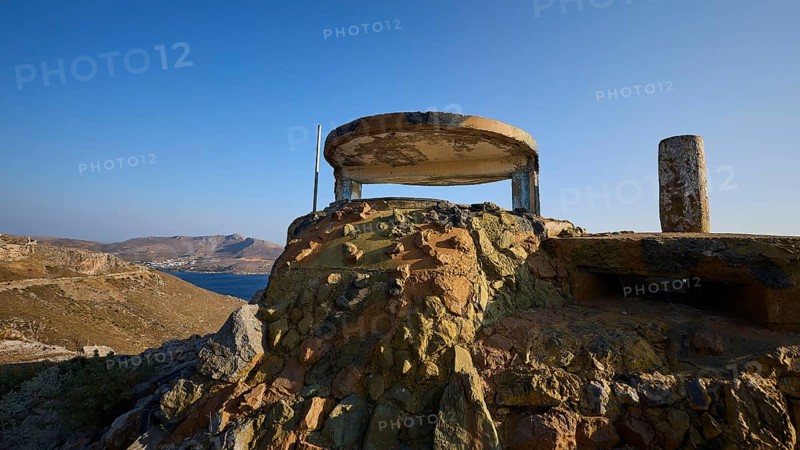 Derelict bunker structure on a hill with sea and mountains in the background, Lost Place, Lago anti-aircraft battery, bunker, Apitiki Mountain, Leros, Dodecanese, Greek Islands, Greece