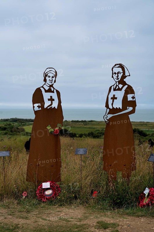 Nurse Mollie Evershed and Dorothy Field, installation, Standing with Giants, honouring the sacrifices of fallen British soldiers through personification, British Normandy Memorial, war memorial, Ver-sur-Mer, D-Day, Operation Overlord, Gold Beach, Normandy, Calvados, France