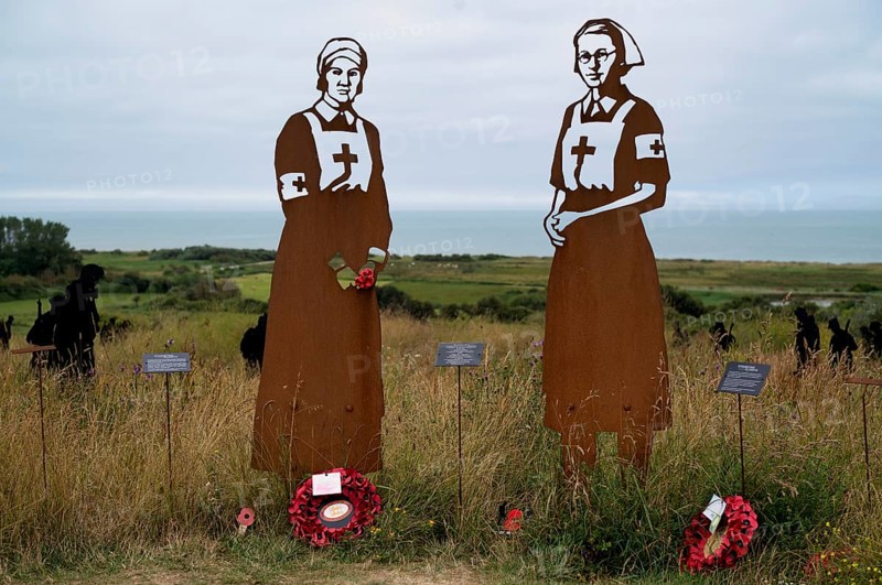 Nurse Mollie Evershed and Dorothy Field, installation, Standing with Giants, honouring the sacrifices of fallen British soldiers through personification, British Normandy Memorial, war memorial, Ver-sur-Mer, D-Day, Operation Overlord, Gold Beach, Normandy, Calvados, France