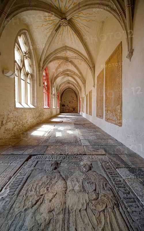 Cloister with tomb slab, St Peter and Paul Cathedral, interior view, Museum Zeitzer Schloss Moritzburg, early baroque style, Zeitz, Saxony-Anhalt, Germany