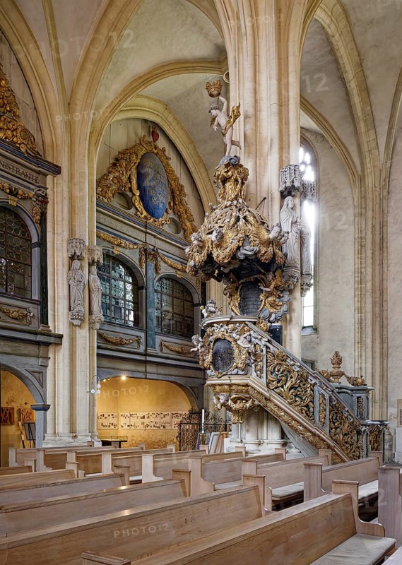 St Peter and Paul Cathedral, interior with pulpit and royal box, Museum Zeitzer Schloss Moritzburg, early baroque style, Zeitz, Saxony-Anhalt, Germany