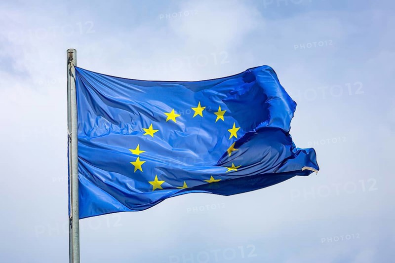 Düsseldorf, North Rhine-Westphalia, Germany - European flag fluttering in the wind on the flagpole, symbolic image of EUROPA