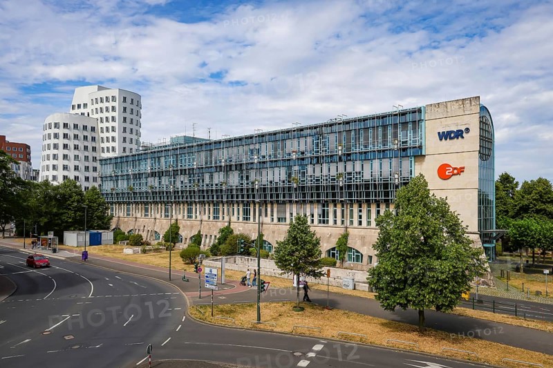 Düsseldorf, North Rhine-Westphalia, Germany - Düsseldorf broadcasting centre with the television stations WDR and ZDF, next to the Gehry buildings at the new Zollhof in the Media Harbour