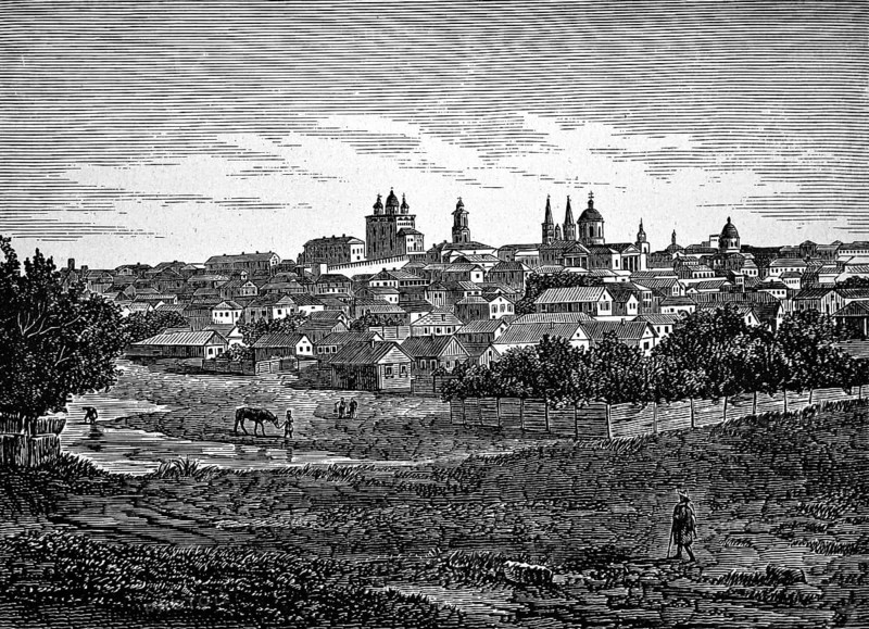 View over the meadows and the Volga towards Astrakhan, city on a hill with numerous churches and towers, pastures, horse grazing, trees, nature, people, Russia, historical illustration 1896