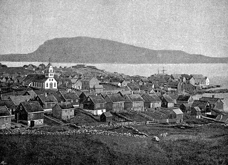 Capital Thórshavn or Thorshafen on the island Streymoy, cathedral church, grass roof houses, stone wall, harbour, Faroe Islands, Denmark, historical illustration 1896