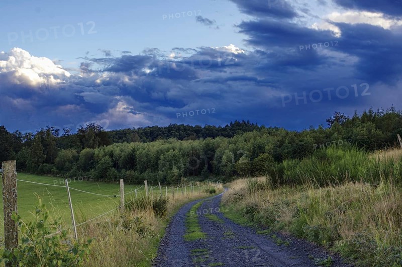 A rural path leads through a green landscape under a cloudy evening sky, Siegen