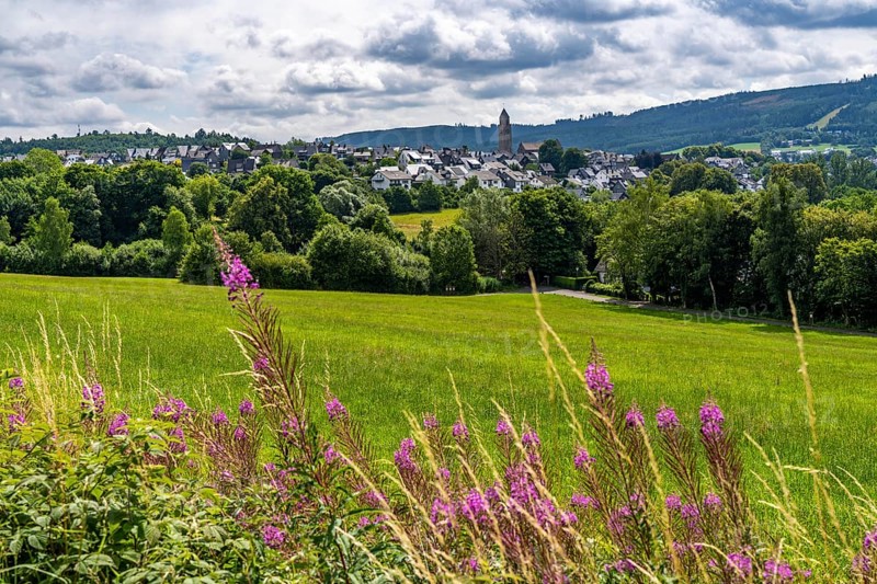 Landscape along the Sauerlandring cycle path, an 84 km long circular cycle path between the towns of Finnentrop, Eslohe, Schmallenberg and Lennestadt, mostly on former railway lines, here near Schmallenberg, Sauerland, North Rhine-Westphalia, Germany