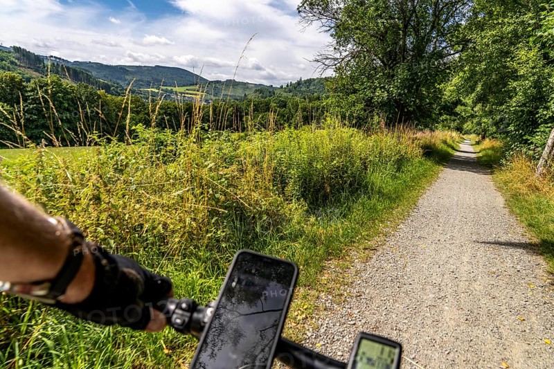 Sauerlandring cycle path, an 84 km long circular cycle path between the towns of Finnentrop, Eslohe, Schmallenberg and Lennestadt, mostly on former railway lines, here near Schmallenberg, Sauerland, North Rhine-Westphalia, Germany