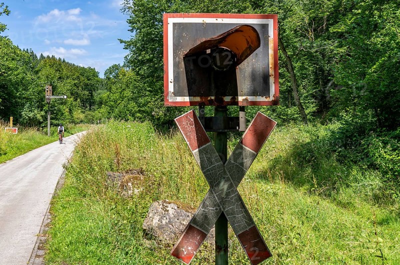 Sauerlandring cycle path, an 84 km long circular cycle path between the towns of Finnentrop, Eslohe, Schmallenberg and Lennestadt, mostly on former railway lines, here near Finnentrop-Serkenrode, old signalling systems, Sauerland, North Rhine-Westphalia, Germany