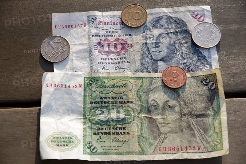 D-Mark, notes, coins, obsolete, means of payment, Germany, 10 and 20 Mark notes and coins from the D-Mark era
