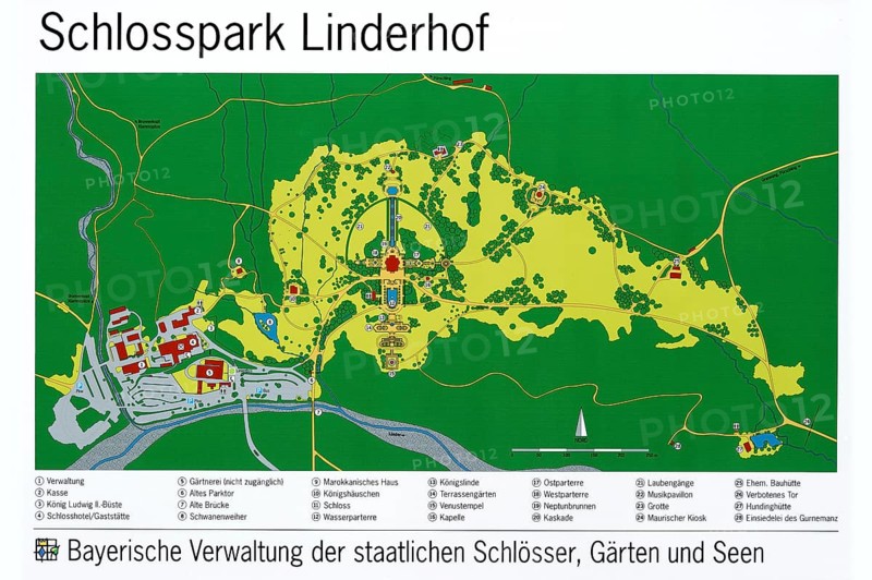Map of Linderhof Palace Park, UNESCO World Heritage Site, Ettal, Unterammergau, Garmisch-Partenkirchen, Upper Bavaria, Bavaria, Germany