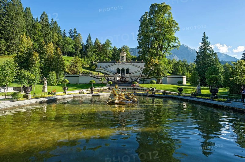 Basin, water basin with flora fountain in gold, palace park of Linderhof Palace, Neo Rococo, UNESCO World Heritage Site, Ettal, Unterammergau, Garmisch-Partenkirchen, Upper Bavaria, Bavaria, Germany