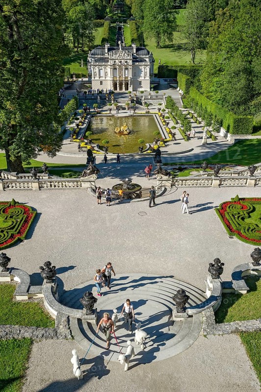 Terraced garden with pool, water basin in the park of Linderhof Palace, Neo Rococo, UNESCO World Heritage Site, Ettal, Unterammergau, Garmisch-Partenkirchen, Upper Bavaria, Bavaria, Germany
