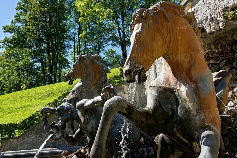 Horses of the Neptune Fountain, Rococo-style sculpture, Linderhof Castle Park, UNESCO World Heritage Site, Ettal, Unterammergau, Garmisch-Partenkirchen, Upper Bavaria, Bavaria, Germany