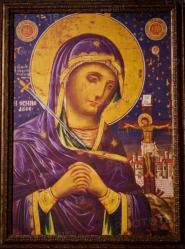 Panagia Kyra Church, Panagia tou Kastrou, Detailed Icon of the Holy Mary with golden and purple elements, Pandeli Castle, Castle, Leros Fortress, St John's Fortress, Apitiki Hill, Pandeli Bay, Agia Marina, Leros, Dodecanese, Greek Islands, Greece
