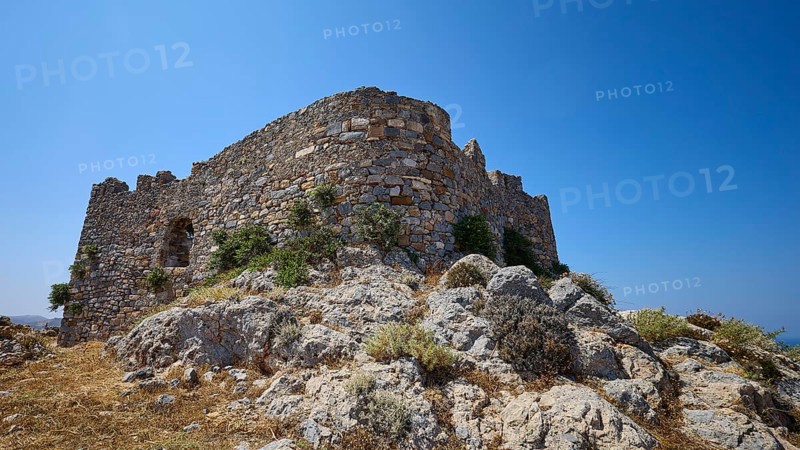 Old stone castle ruins on a rocky hill under a clear blue sky, Pandeli Castle, castle, Leros fortress, St John's fortress, Apitiki hill, Pandeli Bay, Agia Marina, Leros, Dodecanese, Greek Islands, Greece
