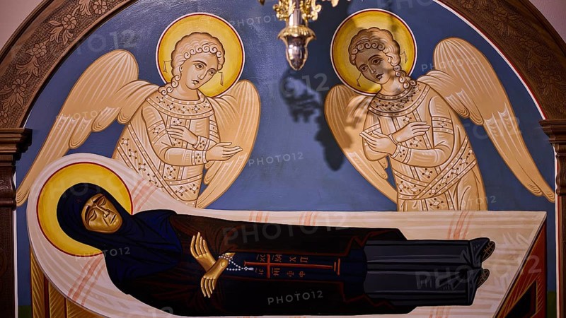 Panagia Kyra Church, Panagia tou Kastrou, Religious representation of a reclining saint surrounded by angels and symbolism, Tomb of Gerontissa Gavrielia, Pandeli Castle, Castle, Leros Fortress, St John's Fortress, Apitiki Hill, Pandeli Bay, Agia Marina, Leros, Dodecanese, Greek Islands, Greece