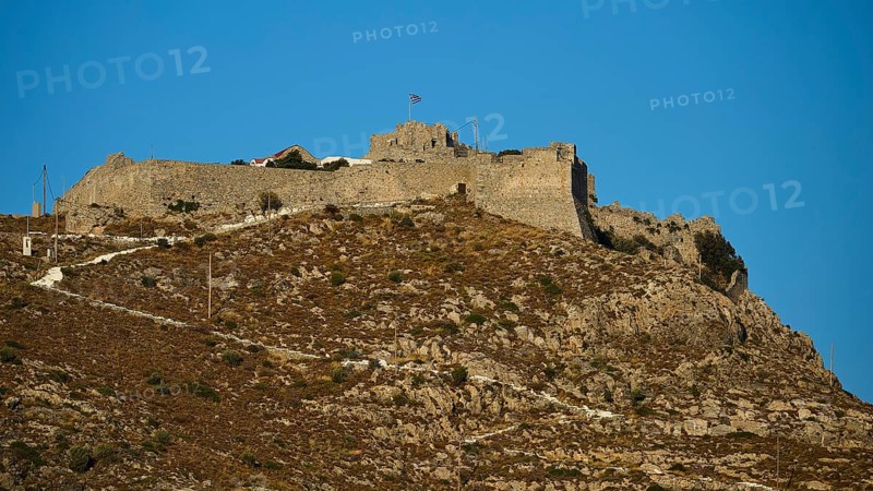 Historic castle on rocky peak surrounded by bright blue sky, Pandeli Castle, Castle, Leros Fortress, St John's Fortress, Apitiki Hill, Pandeli Bay, Agia Marina, Leros, Dodecanese, Greek Islands, Greece