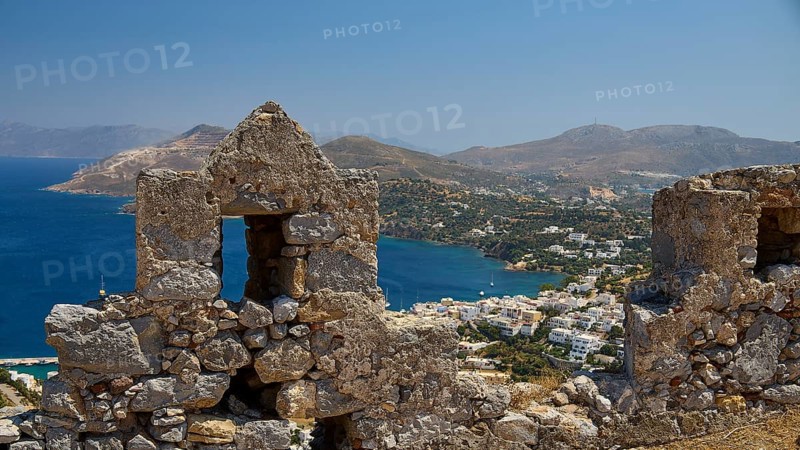 View of ancient ruins with background of blue sea and mountains in Mediterranean, Pandeli Castle, Castle, Leros Fortress, St John's Fortress, Apitiki Hill, Pandeli Bay, Agia Marina, Leros, Dodecanese, Greek Islands, Greece