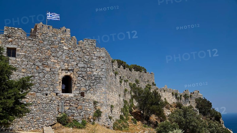 Stone-walled castle stretches across the landscape, Pandeli Castle, Castle, Leros Fortress, St John's Fortress, Apitiki Hill, Pandeli Bay, Agia Marina, Leros, Dodecanese, Greek Islands, Greece
