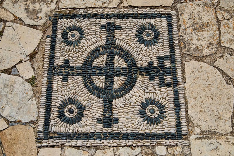 Paving mosaic of black and white stones, Panagia Kyra Church, Panagia tou Kastrou, Pandeli Castle, Castle, Leros Fortress, St John's Fortress, Apitiki Hill, Pandeli Bay, Agia Marina, Leros, Dodecanese, Greek Islands, Greece