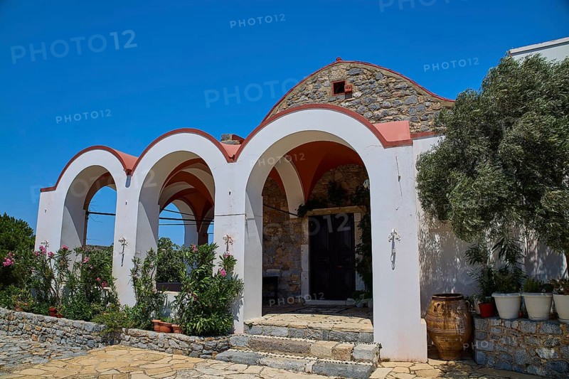 Panagia Kyra church, Panagia tou Kastrou, building with arched entrances and plants, Pandeli Castle, castle, Leros Fortress, St John's Fortress, Apitiki Hill, Pandeli Bay, Agia Marina, Leros, Dodecanese, Greek Islands, Greece