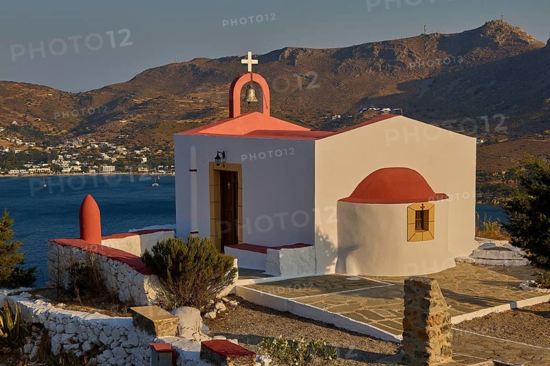 Chapel with red roof by the sea, surrounded by mountains and coastline, peaceful atmosphere, Profitis Ilias Church, Prophet Elias Church, morning light, Ormos Alintas, Agia Marina, Leros, Dodecanese, Greek Islands, Greece
