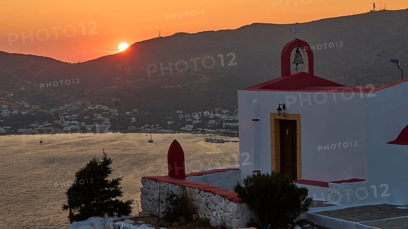 Silhouette of a chapel at sunset with sea and mountains in the background, Profitis Ilias Church, Prophet Elias Church, evening light, sunset, Ormos Alintas, Agia Marina, Leros, Dodecanese, Greek Islands, Greece