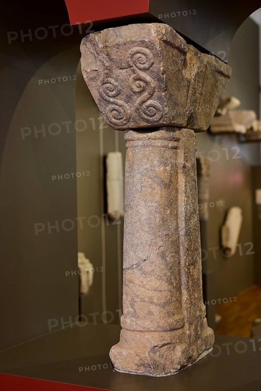 Decorated stone column with relief details, exhibited in a museum, Archaeological Museum, Agia Marina, Leros, Dodecanese, Greek Islands, Greece
