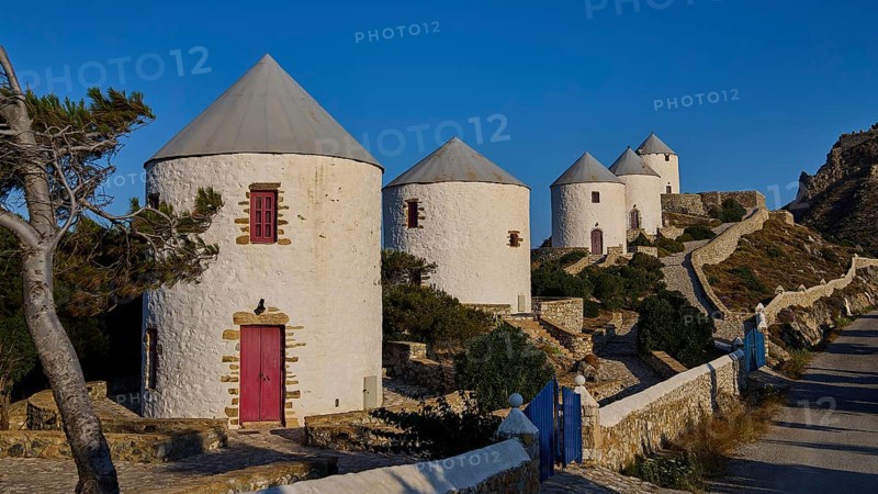 Several windmills along a winding road in natural surroundings, Pandeli Castle, Castle, Leros Fortress, St John's Fortress, Apitiki Hill, Pandeli Bay, Windmills, Leros, Dodecanese, Greek Islands, Greece