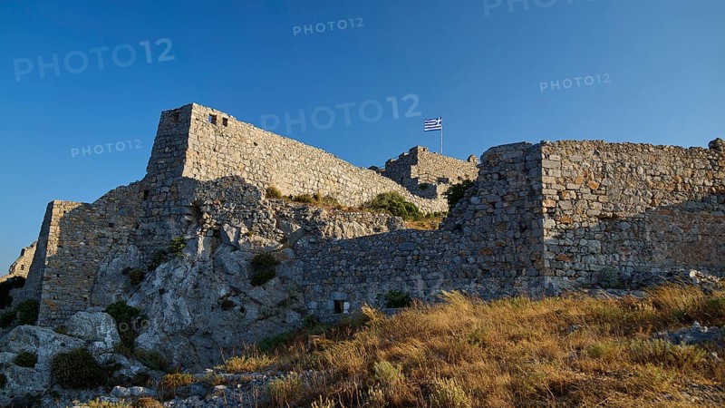 Old stone castle on a hill with clear blue sky, Pandeli Castle, Castle, Leros Fortress, St John's Fortress, Apitiki Hill, Pandeli Bay, Windmills, Leros, Dodecanese, Greek Islands, Greece