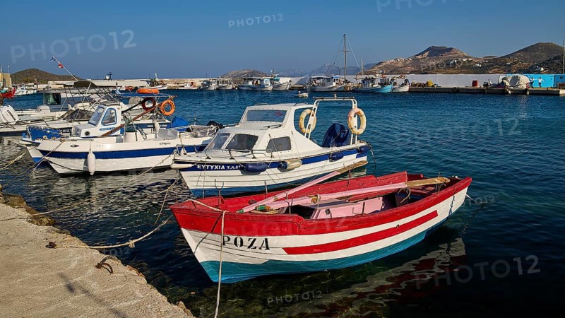 Small boats in the harbour under a sunny blue sky, Pandeli Castle, castle, Leros Fortress, St John's Fortress, Apitiki Hill, Pandeli Bay, windmills, Leros, Dodecanese, Greek Islands, Greece