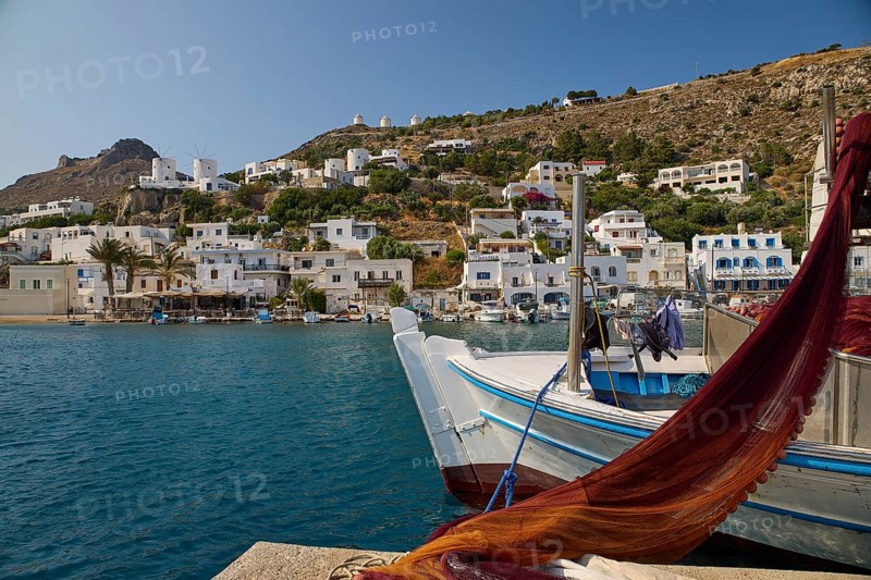 Harbour with fishing boats and white houses surrounded by blue water, Pandeli Castle, Castle, Leros Fortress, St John's Fortress, Apitiki Hill, Pandeli Bay, Windmills, Leros, Dodecanese, Greek Islands, Greece
