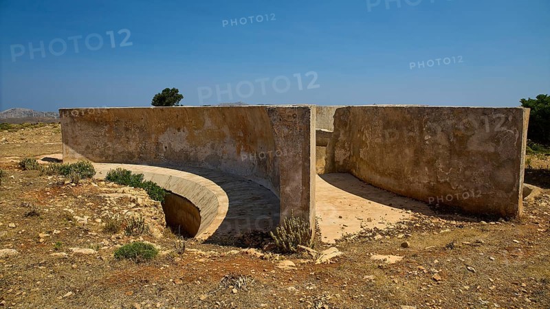 Abandoned concrete walls in dry environment, Lost Place, Air Defence Position, Aerophone, Parabolic Acoustic Mirror, Patella Mountain, WW2, west of Lakki, Leros, Dodecanese, Greek Islands, Greece