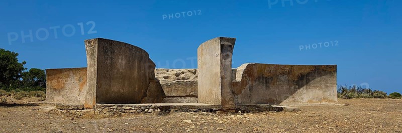 Old concrete ruins under a clear blue sky in an arid landscape, Lost Place, Air Defence Position, Aerophone, Parabolic Acoustic Mirror, Patella Mountain, WW2, west of Lakki, Leros, Dodecanese, Greek Islands, Greece