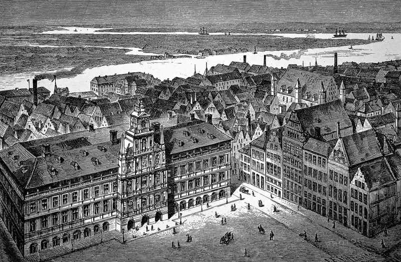 View over the historic centre of Antwerp on the river Scheldt, in front the Grote Markt, Great Market with gabled houses and Stadhuis, the town hall, industrial plants, smoking chimneys, ships, Flanders, Belgium, historical illustration 1896