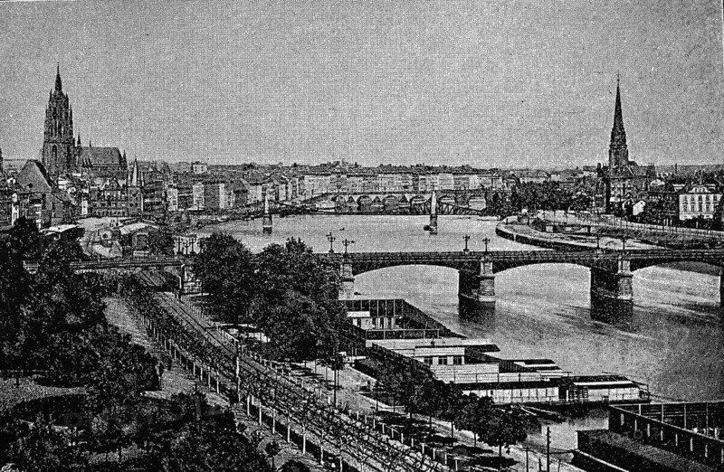 Frankfurt am Main, St Bartholomew's Cathedral (right), bridge, railway tracks, banks of the Main, Hesse, Germany, historical illustration 1896