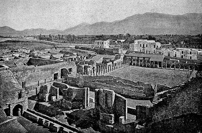 View over the archaeological excavations of Pompeii or Pompeii, ancient city at Vesuvius, Campania, Italy, historical illustration 1896