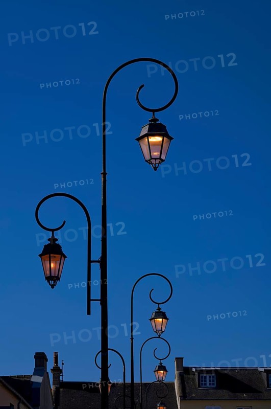 Streetlights, sky, blue, Arromanches-les-Bains, Normandy, Calvados, France